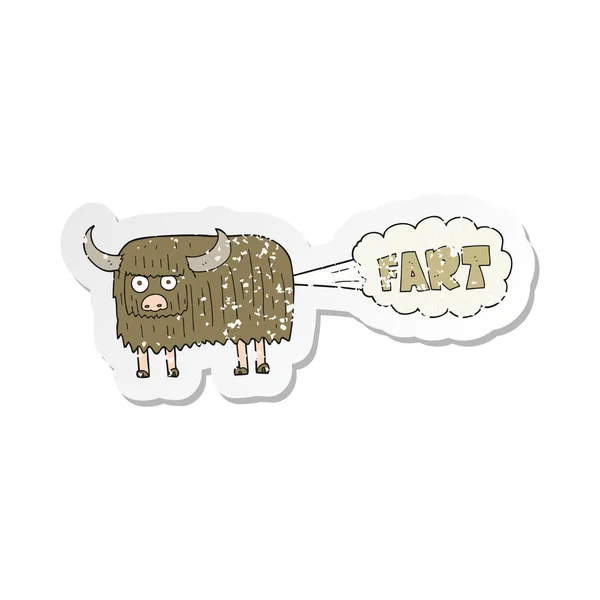 Retro etiket osurmak karikatür kıllı ineğin sıkıntılı — Stok Vektör