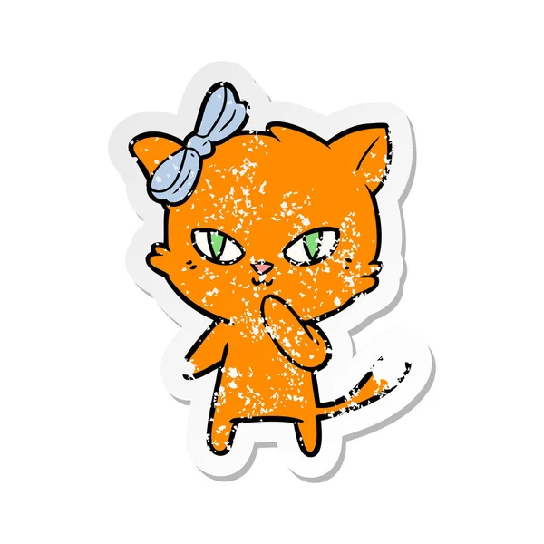 Verontruste Sticker Van Een Leuke Cartoon Kat — Stockvector