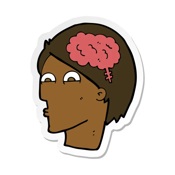 Pegatina de una cabeza de dibujos animados con símbolo cerebral — Vector de stock