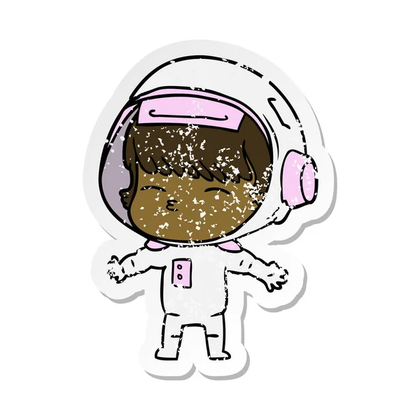 Verontruste sticker van een cartoon nieuwsgierig astronaut — Stockvector