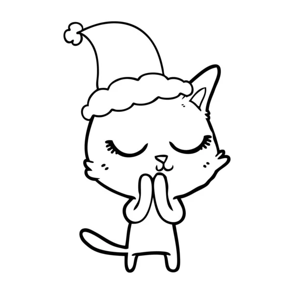 一只戴着圣诞老人帽子的猫的平静线条画 — 图库矢量图片