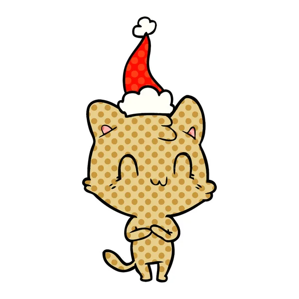 Ilustração estilo quadrinhos de um gato feliz vestindo chapéu de santa — Vetor de Stock