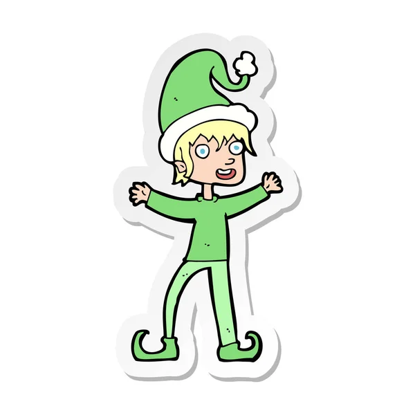 Sticker Cartoon Excited Christmas Elf — Stock Vector