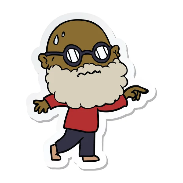 Наклейка мультфільму стурбованого чоловіка з бородою і точкою окулярів — стоковий вектор