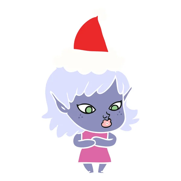 Pretty flat color illustration of a elf girl wearing santa hat — Stock Vector
