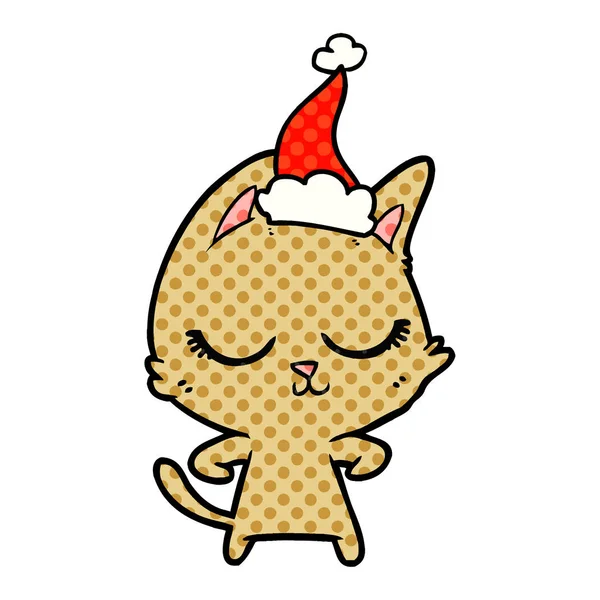 Calma quadrinhos estilo ilustração de um gato vestindo chapéu de santa —  Vetores de Stock