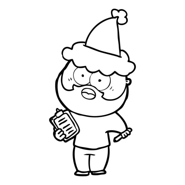 Hand Drawn Line Drawing Bearded Man Clipboard Pen Wearing Santa — Stock Vector