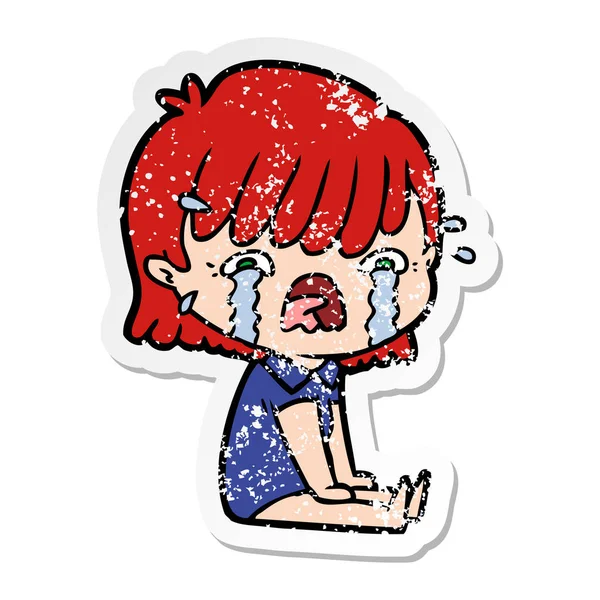 Distressed sticker of a cartoon girl crying — Stock Vector