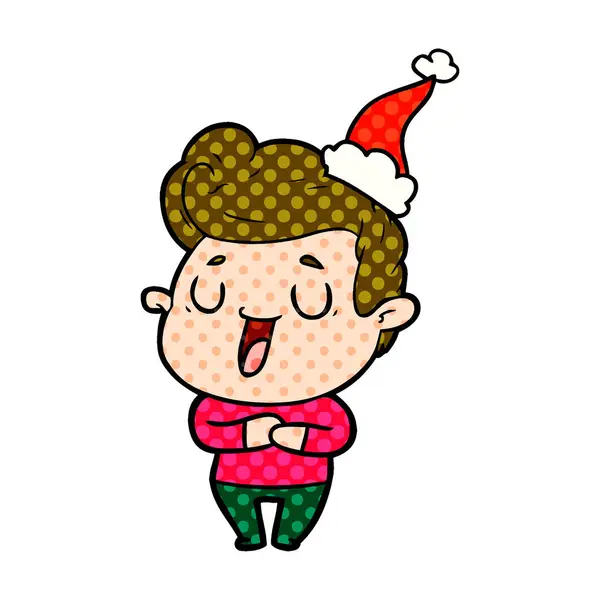 Happy comic style illustration of a man wearing santa hat — стоковый вектор