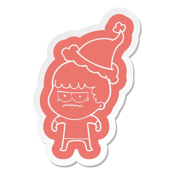 Cartoon  sticker of a annoyed man wearing santa hat — Stock Vector