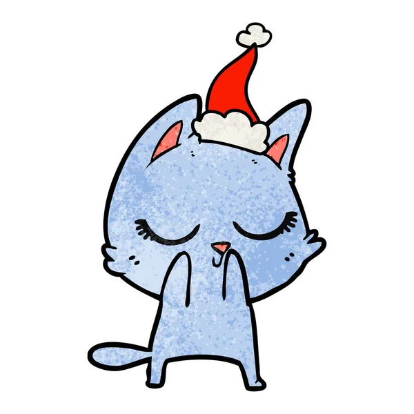Calmo Disegnato Mano Strutturato Cartone Animato Gatto Indossa Cappello Babbo — Vettoriale Stock