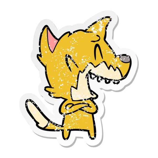 Verontruste Sticker Van Een Lachende Fox Cartoon — Stockvector