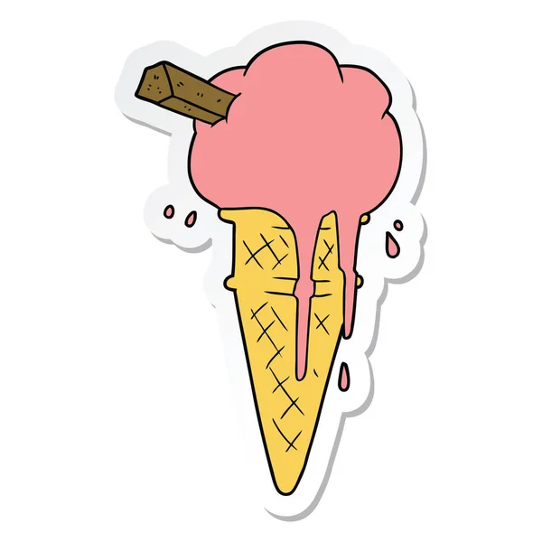 Sticker of a cartoon ice cream melting — Stock Vector