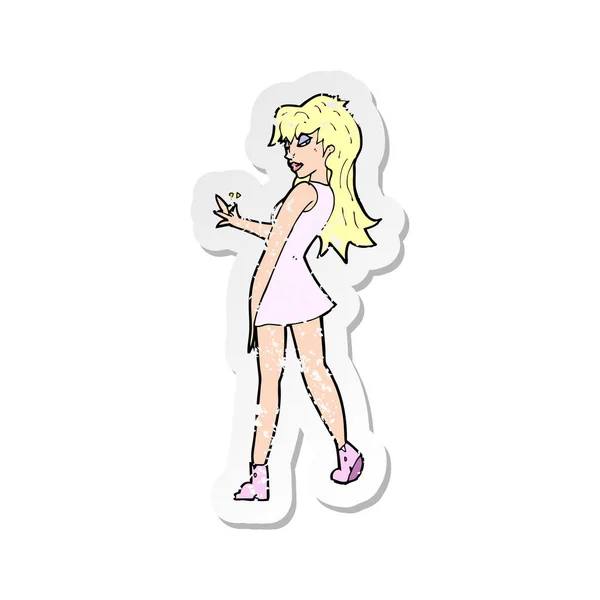 Retro-Aufkleber einer Cartoon-Frau, die im Kleid posiert — Stockvektor