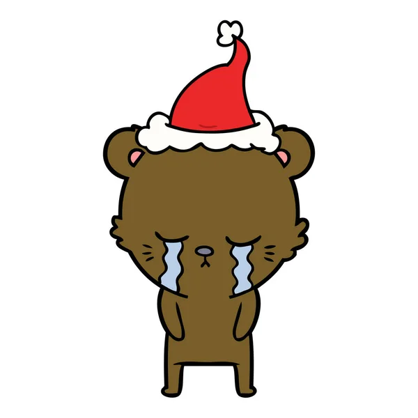 Crying Hand Drawn Line Drawing Bear Wearing Santa Hat — Stock Vector