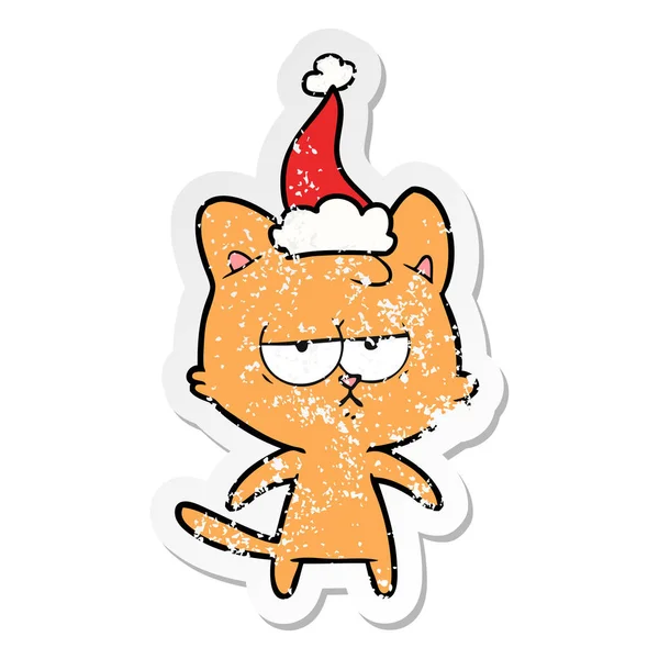 无聊的手绘苦恼贴纸卡通的猫戴圣诞老人的帽子 — 图库矢量图片