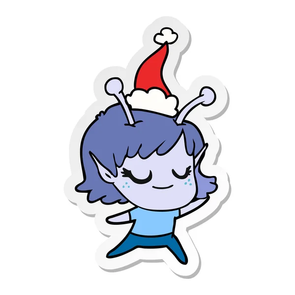 Sonriente Chica Alienígena Dibujado Mano Pegatina Dibujos Animados Sombrero Santa — Vector de stock