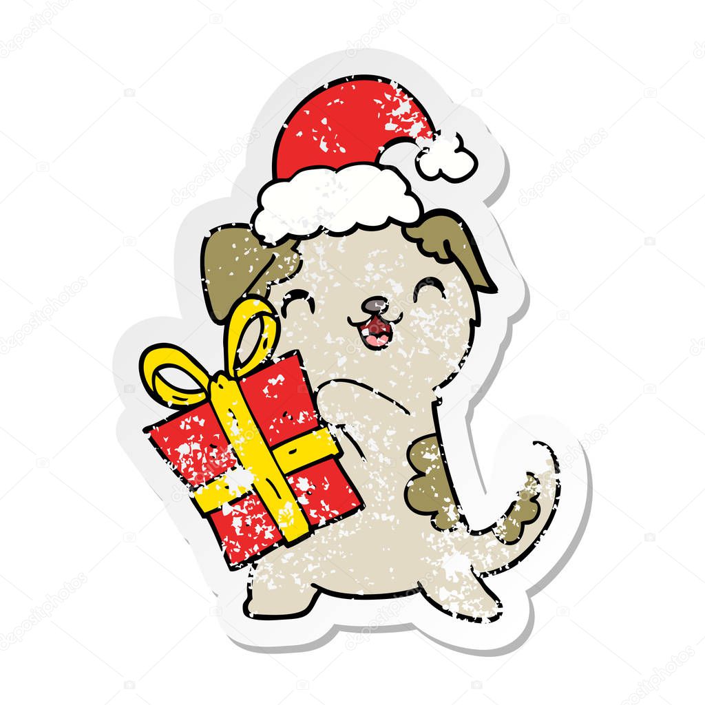 distressed sticker of a cute cartoon puppy with christmas presen