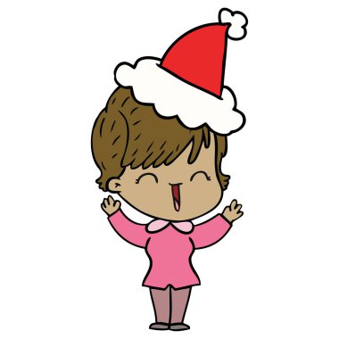 Noel Baba şapkası giyen gülünecek bir kadının çizgi çizme