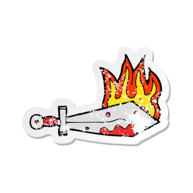 Retro sıkıntılı etiket bir karikatür flaming kılıç