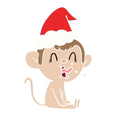 düz renk illüstrasyon giyen Noel Baba şapkası oturan bir maymun deli el çekilmiş