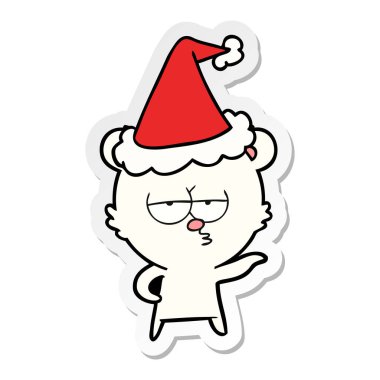 sıkılmış kutup ayısı el çekilmiş etiket karikatür giyen Noel Baba şapkası