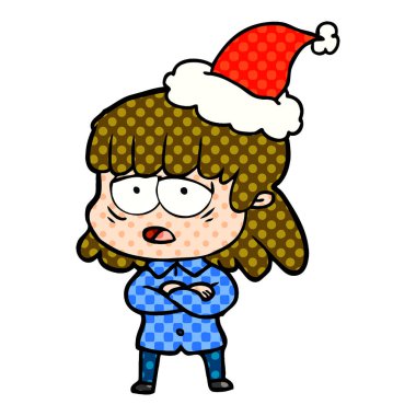 Noel Baba şapkası giyen bir yorgun kadın çizgi roman tarzı gösteren resim