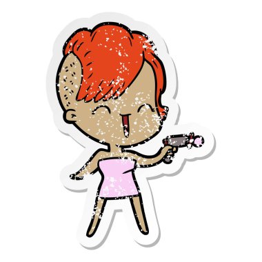 bir karikatür mutlu hippi kız sıkıntılı etiket