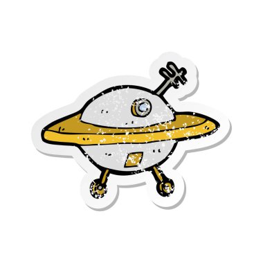 Retro sıkıntılı etiket bir karikatür uçan daire