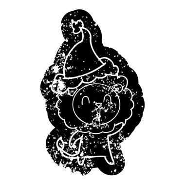 Aslan ilginç karikatür sıkıntılı simgesini giyen Noel Baba şapkası gülüyor