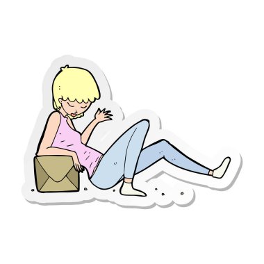 etiket paketi çubuğundaki yaslanmış bir karikatür kadının