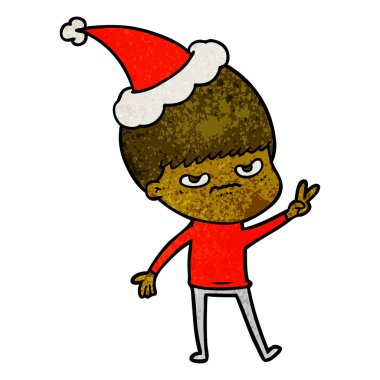 Noel Baba şapkası giyen bir çocuk dokulu karikatür rahatsız