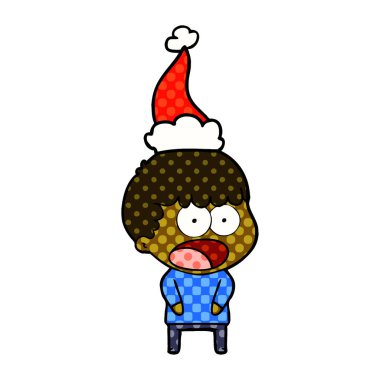 Noel Baba şapkası giyen bir şok adam çizgi roman tarzı gösteren resim