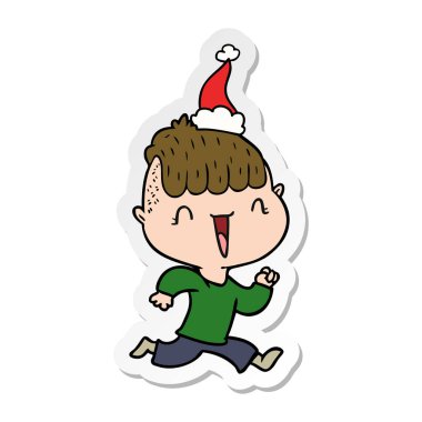 etiket karikatür mutlu çocuk Noel Baba şapkası giyen sürpriz el çekilmiş