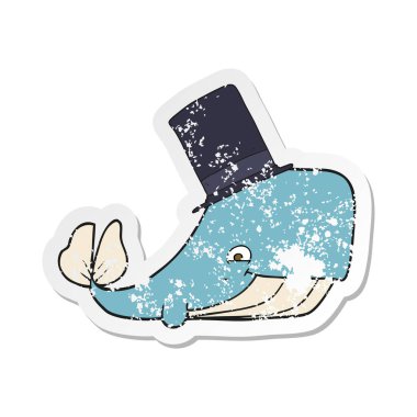 silindir şapkalı bir karikatür balina Retro sıkıntılı etiket