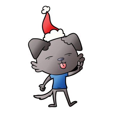 Noel Baba şapkası giyen dilini bir köpek degrade çizgi film el çekilmiş