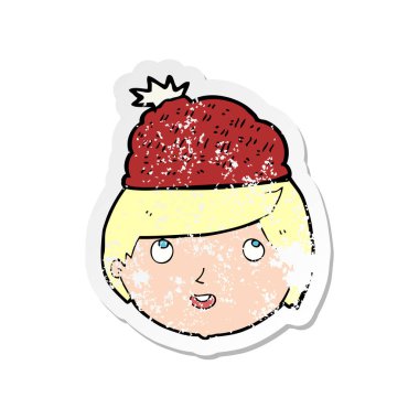 Retro etiket kış şapka giymiş bir çizgi film adamın sıkıntılı