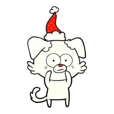 gergin köpek çizgi roman tarzı çizimi giyen Noel Baba şapkası