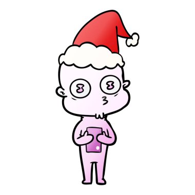 Noel Baba şapkası giyen bir garip kel uzay adamı, degrade çizgi film el çekilmiş