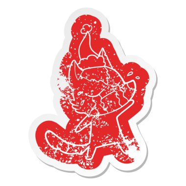 Noel Baba şapkası giyen ağlayan kurt sıkıntılı Etiket cartoon