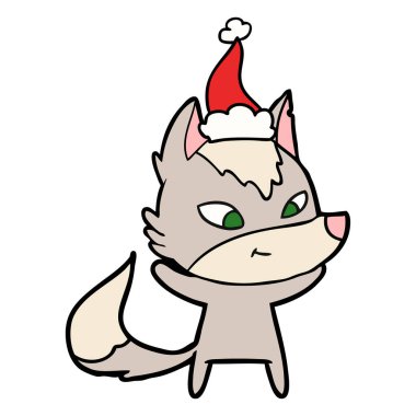 Noel Baba şapkası giyen bir kurt dostu çizgi çizme