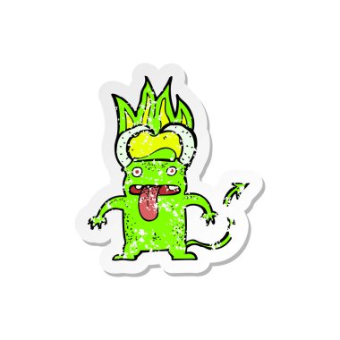 Retro sıkıntılı etiket bir karikatür küçük şeytan