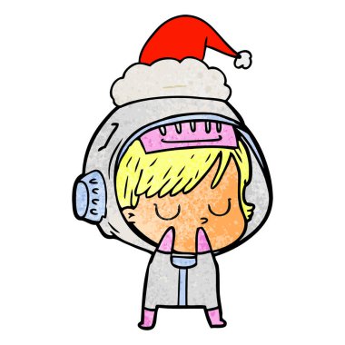 Noel Baba şapkası giyen bir astronot kadının dokulu çizgi film el çekilmiş