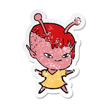 bir sevimli çizgi uzaylı kızın sıkıntılı etiket