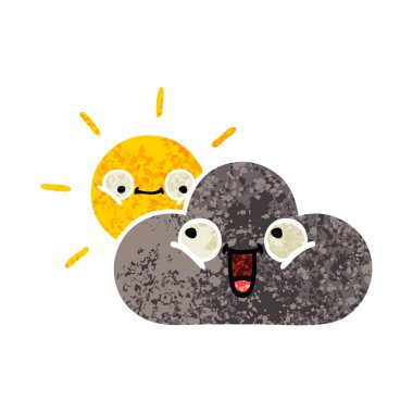 Retro illüstrasyon tarzı çizgi film fırtına bulutu ve güneş