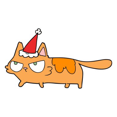 çizim için kızgın bir kedi Noel Baba şapkası giyen el çekilmiş