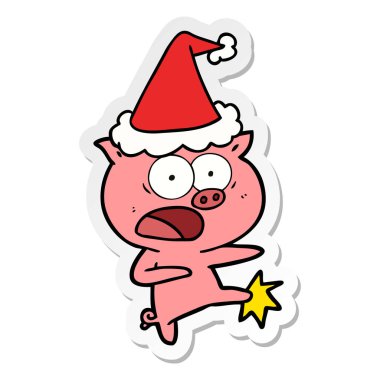 etiket karikatür domuz bağırarak ve giyen Noel Baba şapkası tekme bir el çekilmiş