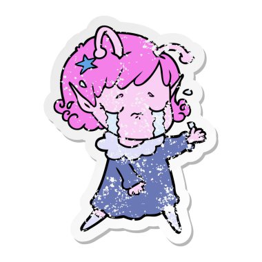 bir çizgi film ağlayan uzaylı kızın sıkıntılı etiket