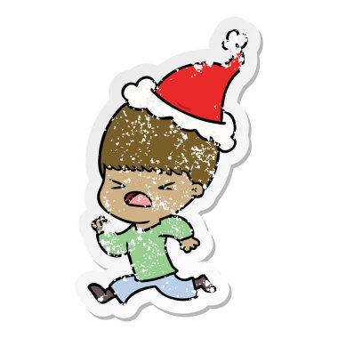sıkıntılı etiket karikatür Noel Baba şapkası giyen stresli bir adamın