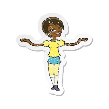 Retro etiket açık kol gest yapma bir karikatür kadının sıkıntılı